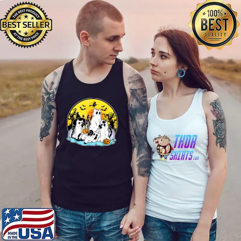 Black Cats In Ghost Costume Witch And Moon Halloween T-Shirt Tank Top
