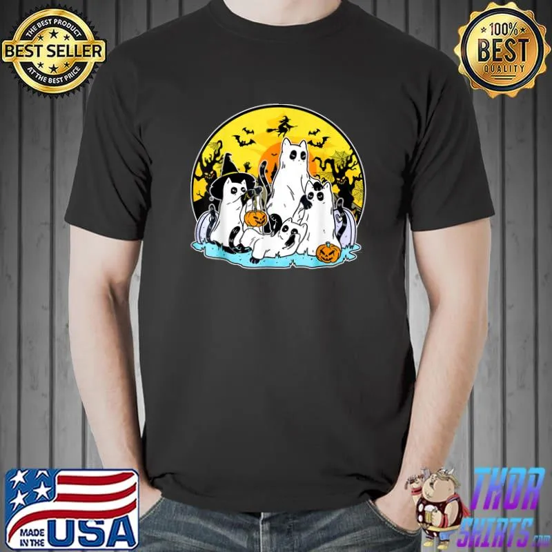 Black Cats In Ghost Costume Witch And Moon Halloween T-Shirt