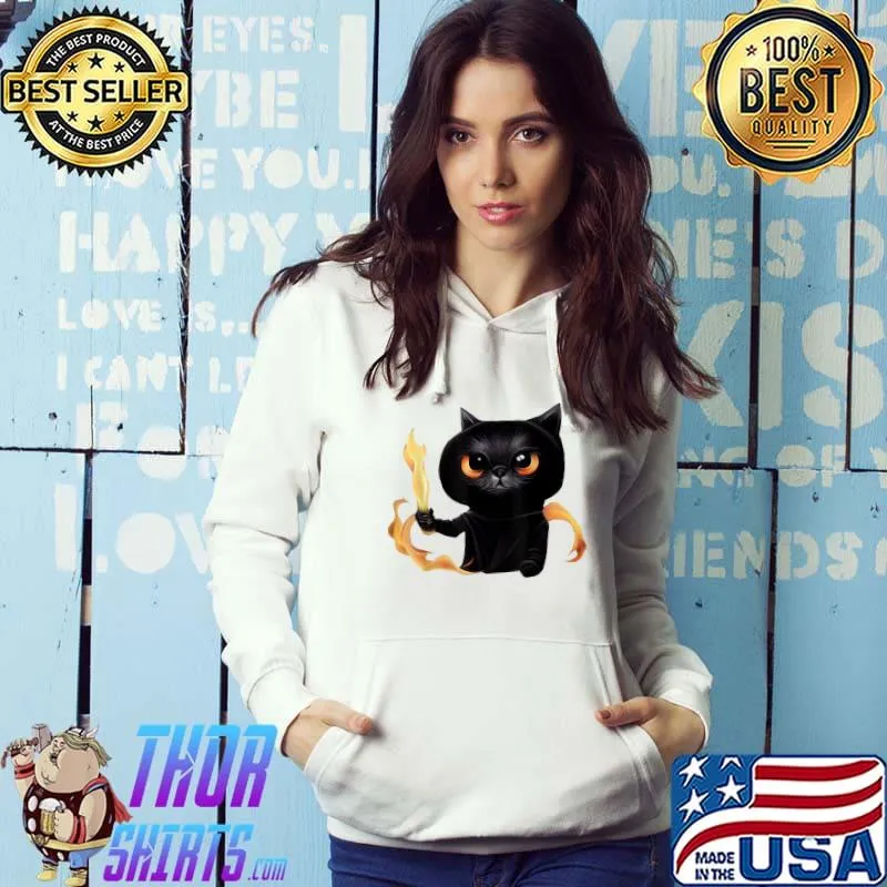 Black Cute Cat Wizard With Power Of Fire For Animal Lovers T-Shirt Hoodie