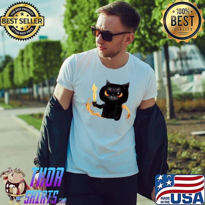 Black Cute Cat Wizard With Power Of Fire For Animal Lovers T-Shirt