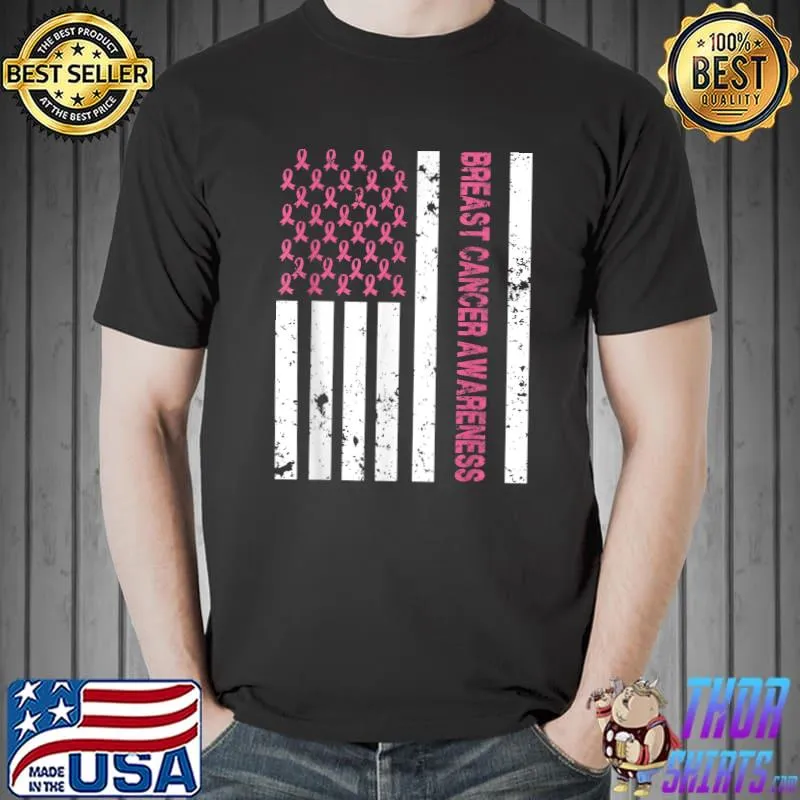 Breast Cancer Awareness American Flag Ribbon Pink T-Shirt