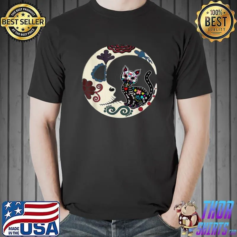 Cat & Moon Sugar Skull Dia De Los Muertos T-Shirt