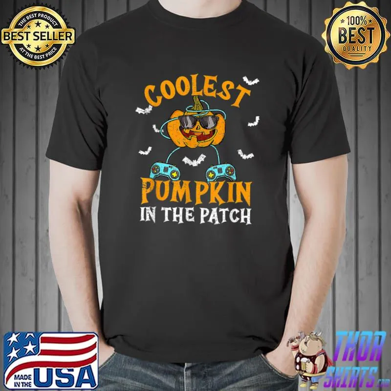 Coolest Pumpkin In The Patch Cute Gamer Boy Bats Halloween T-Shirt