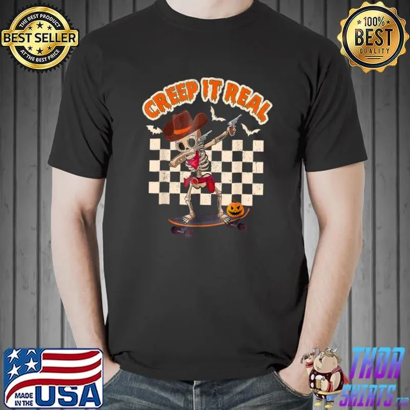 Creep It Real Dabbing Skeleton Pumpkin Cowboy Hat Halloween T-Shirt