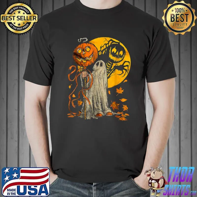 Cute Halloween Pumpkin Ghost Moon Jack Skellington Autumn Leaves Graphic Art T-Shirt