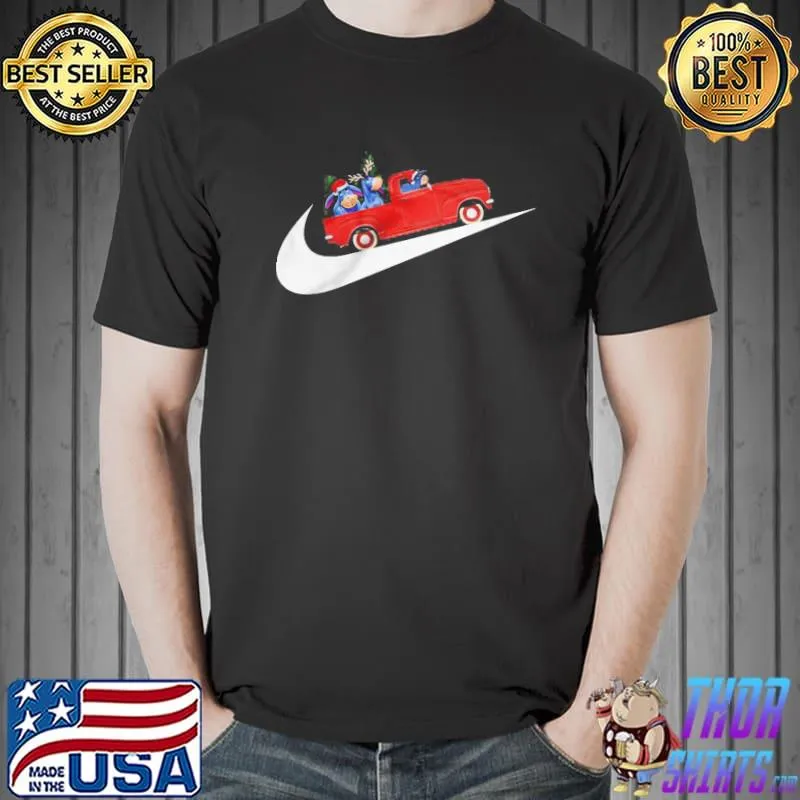 Eeyore riding red car with christmas tree on cars nike cars nike shirt
