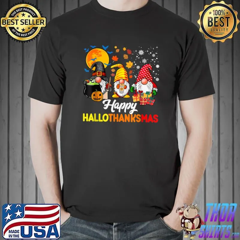 Gnomes Bats Blood Moon Halloween Thanksgiving Christmas Happy Hallothanksmas T-Shirt