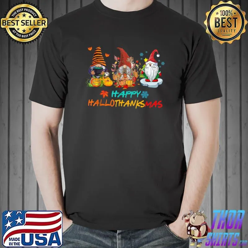 Happy Hallothanksmas Gnomes Lover Witch Santa Hat Pumpkin T-Shirt