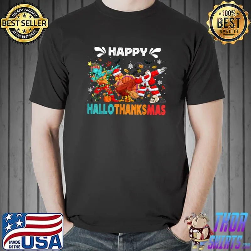 Happy Hallothanksmas Halloween Thanksgiving Christmas Mixing Turkey Santa Dabbing T-Shirt