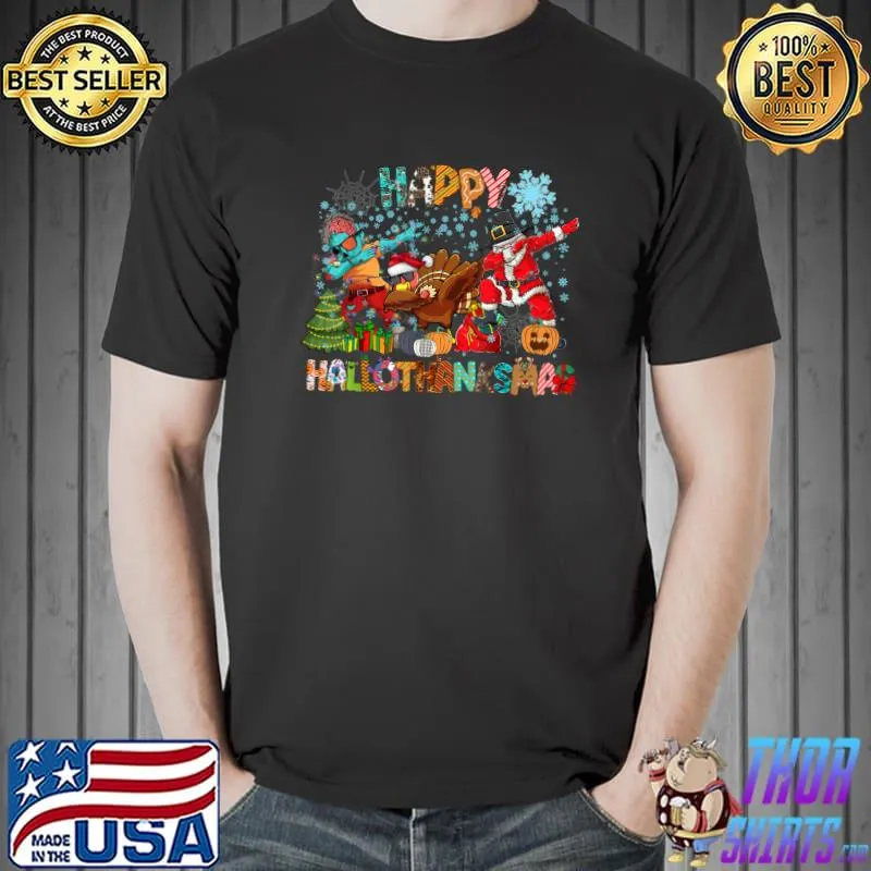 Happy Hallothanksmas Turkey Santa Claus Dabbing Snow T-Shirt