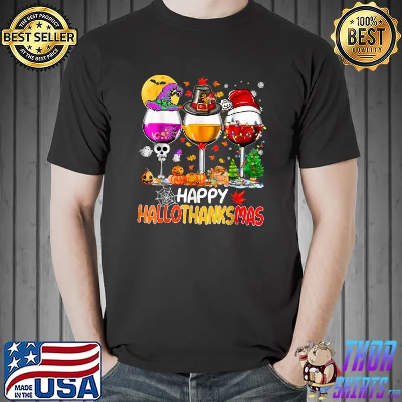 Happy Hallothanksmas Wine Glasses Blood Moon Witch Santa Hat Pumpkin T-Shirt