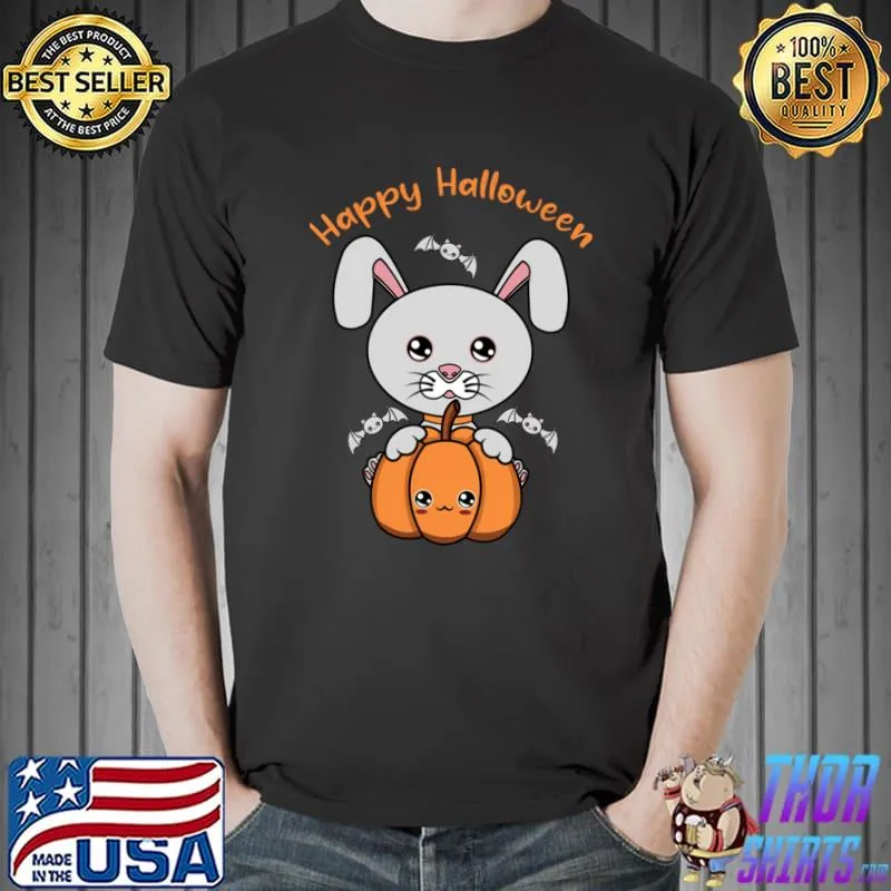 Happy Halloween Cute Rabbit And Bats And Pumpkin T-Shirt