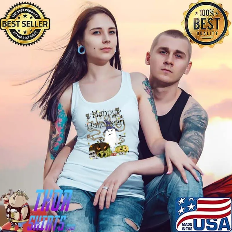 Happy Halloween Kawaii Witch Ghost & Jack-O-Lantern Pumpkin T-Shirt Tank Top