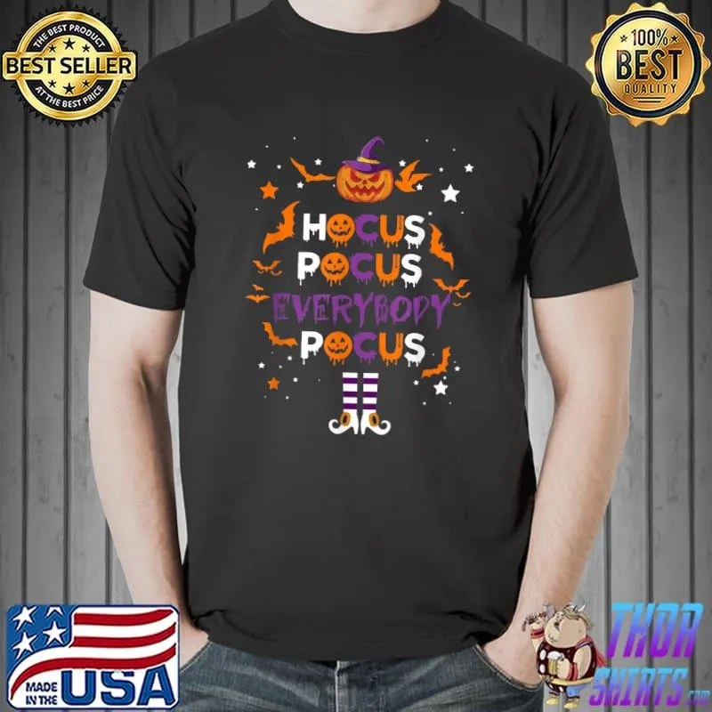 Hocus Pocus Everybody Focus Elf Pumpkin Bats Halloween Teacher T-Shirt