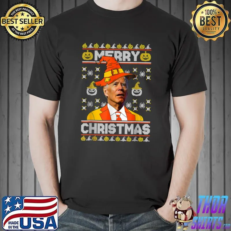 Joe Biden With Hat Witch Merry Christmas Confused Halloween 2022 T-Shirt