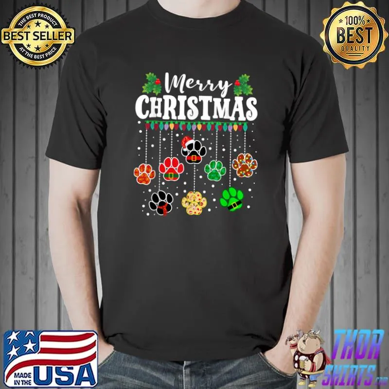 Merry Christmas Dog Paw Print Xmas Light Family Pajama T-Shirt