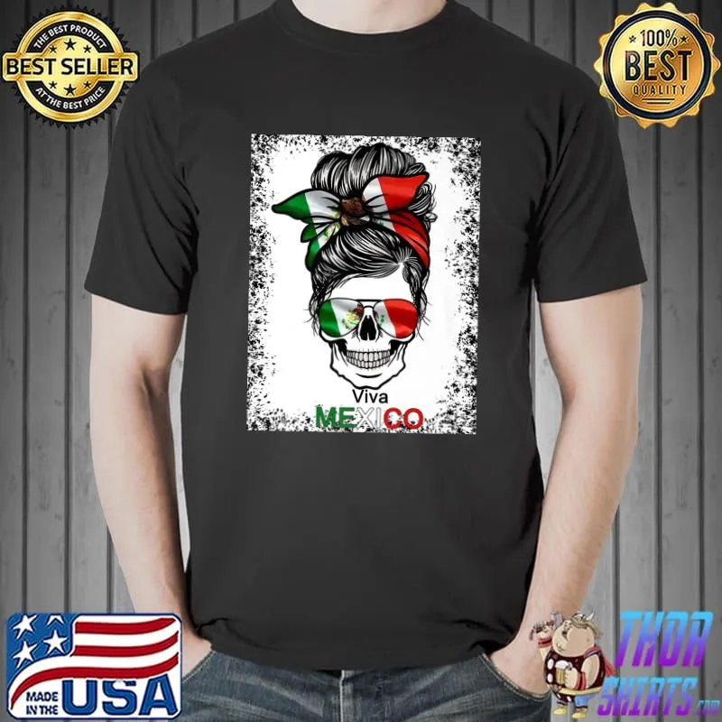 Mexico Halloween Skull Messy Bun Hair Mexican Flag Pride T-Shirt