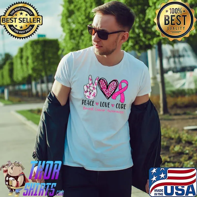 Peace Love Cure Pink Ribbon Cancer Breast Awareness High Hand Heart Ribbon T-Shirt Unisex