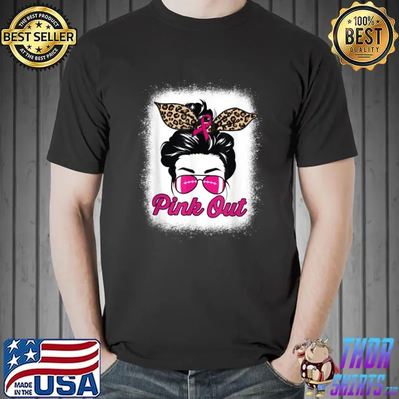 Pink Out Breast Cancer Awareness Football Bleached Messy Bun Ribbon Leopard T-Shirt