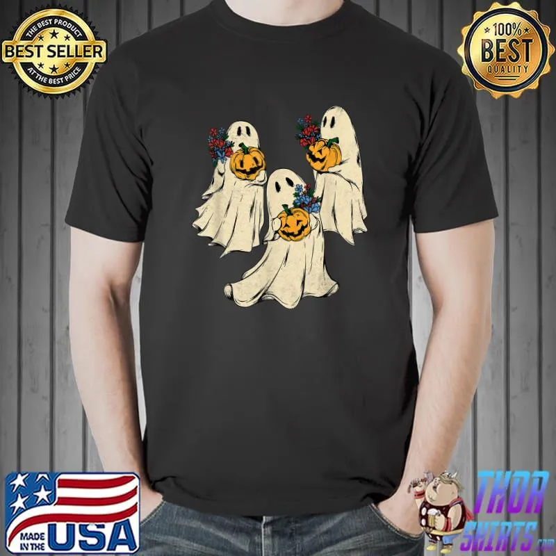 Retro Groovy Pumpkin Ghost Costume Halloween Floral Ghosts T-Shirt