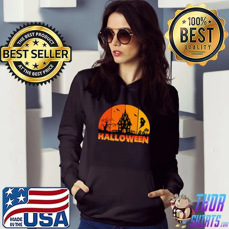 Scary Haunted Ghost Vintage Sunset Halloween T-Shirt Hoodie