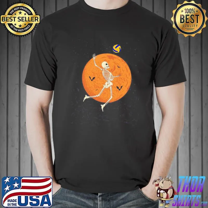 Skeleton playing volleyball halloween skeleton moon bats trending shirt