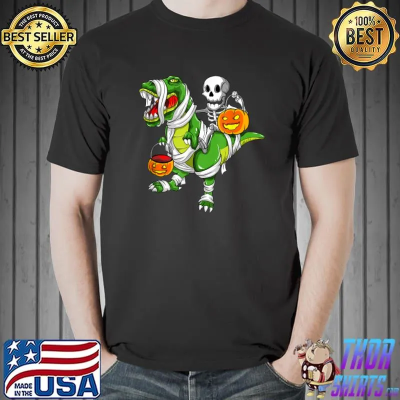 Skeleton Riding Mummy Dinosaur T rex Green Halloween Pumpkin T-Shirt