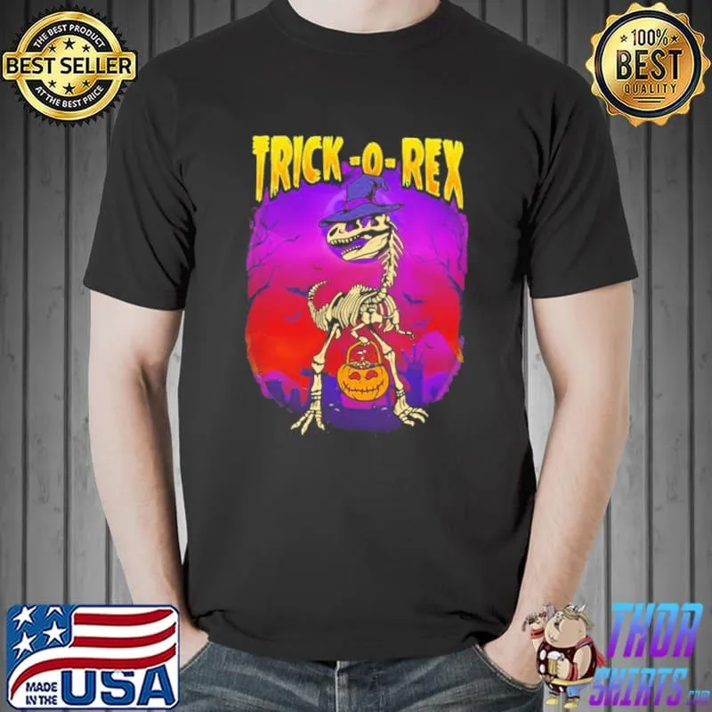 Skeleton trick or treat tyrannosaurus rex boys halloween illustration shirt