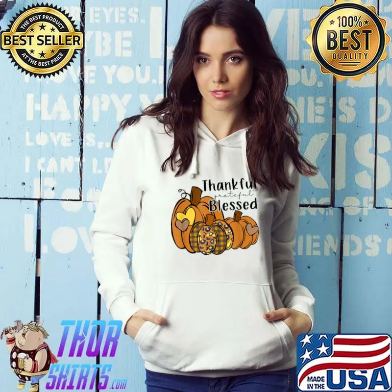 Thankful Grateful Blessed Plaid Leopard Pumpkin Thanksgiving T-Shirt Hoodie
