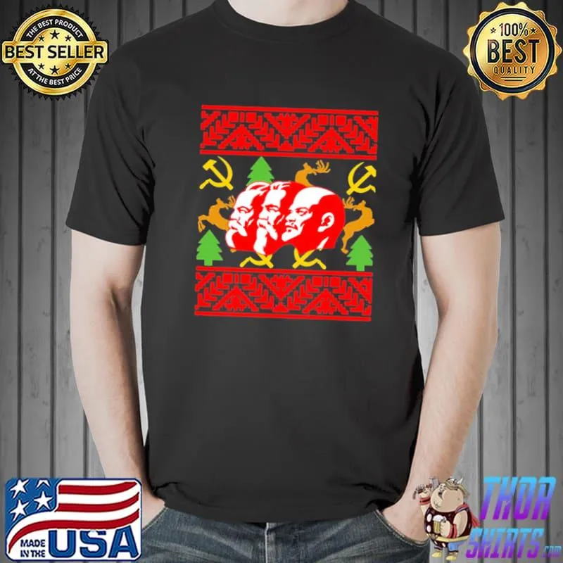 A communist christmas featering marx lenin and engels ugly shirt