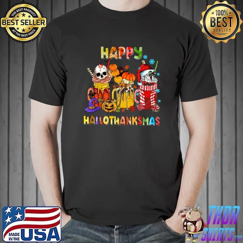 Coffee Skull Pumpkin Santa Hat Halloween Thanksgiving Christmas Happy Hallothanksmas T-Shirt