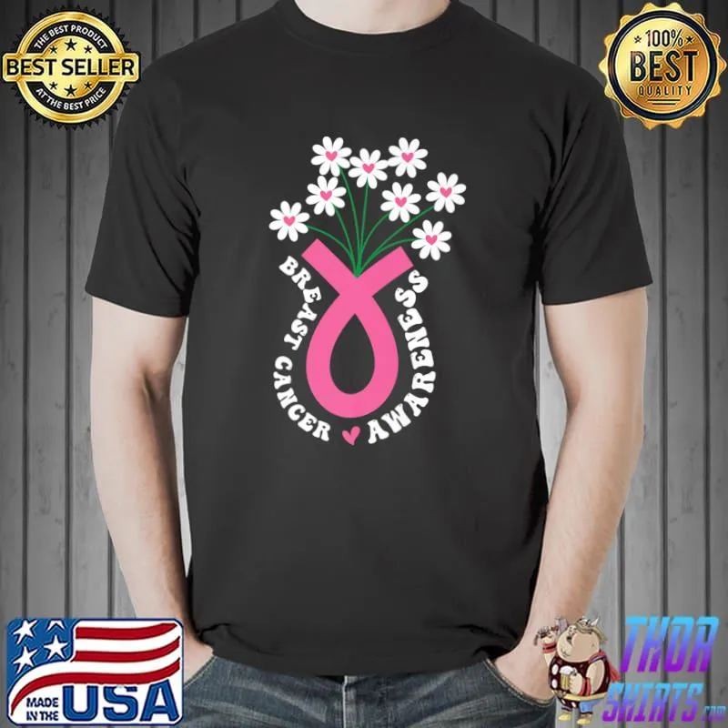 Flower jar pink ribbon breast cancer awareness month women T-Shirt