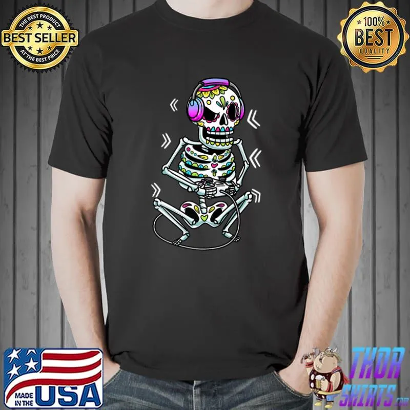 Gamer Skeleton Sugar Skull Dia De Los Muertos Gaming T-Shirt