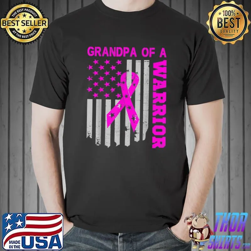 Grandpa Of A Warrior Breast Cancer Awareness Support Squad American Flag T-Shirt