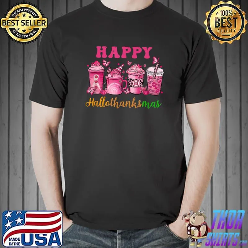 Happy HalloThanksMas Coffee Latte Butterflies Breast Cancer Awareness Pink T-Shirt