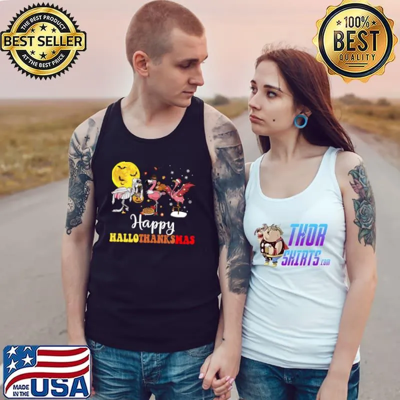 Happy Hallothanksmas Flamingo Zombie Turkey And Santa With Moon And Bat T-Shirt Tank Top