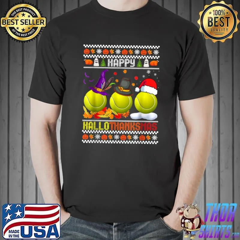 Happy HalloThanksMas Tennis Witch Santa Hat Halloween Thanksgiving Xmas T-Shirt