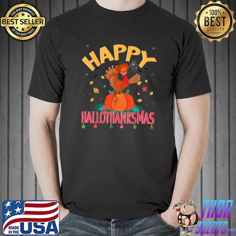 Happy Hallothanksmas Turkey And Ghost Bats Halloween Thanksgiving Xmas 2022 T-Shirt