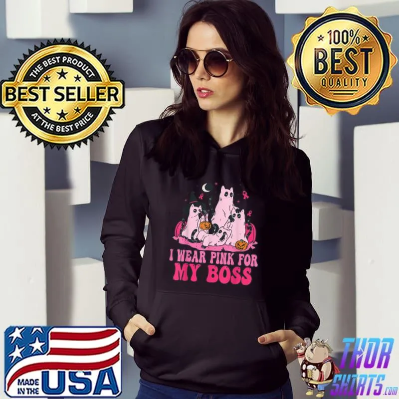 I Wear Pink For My Boss Ghost Black Kitten Witch Cat Mom Dad T-Shirt Hoodie