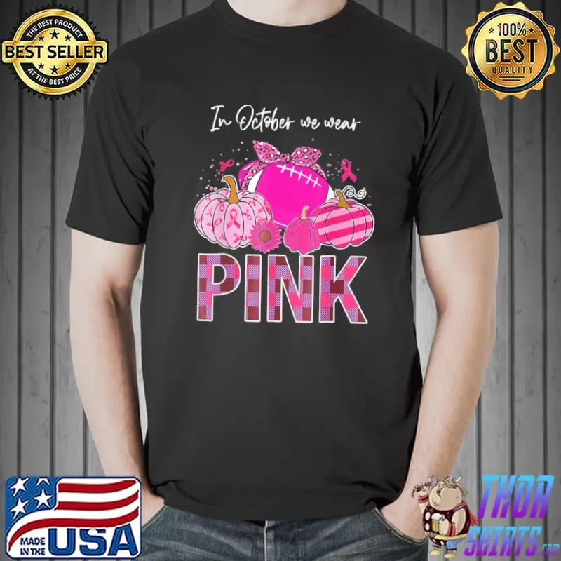 In october we wear pink ribbon leopard pumpkin breast cancer shirt