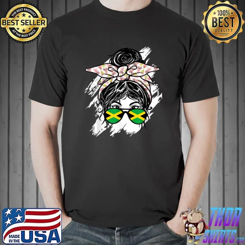Jamaica Messy Bun With Bandana Jamaican Flag Sunglasses T-Shirt