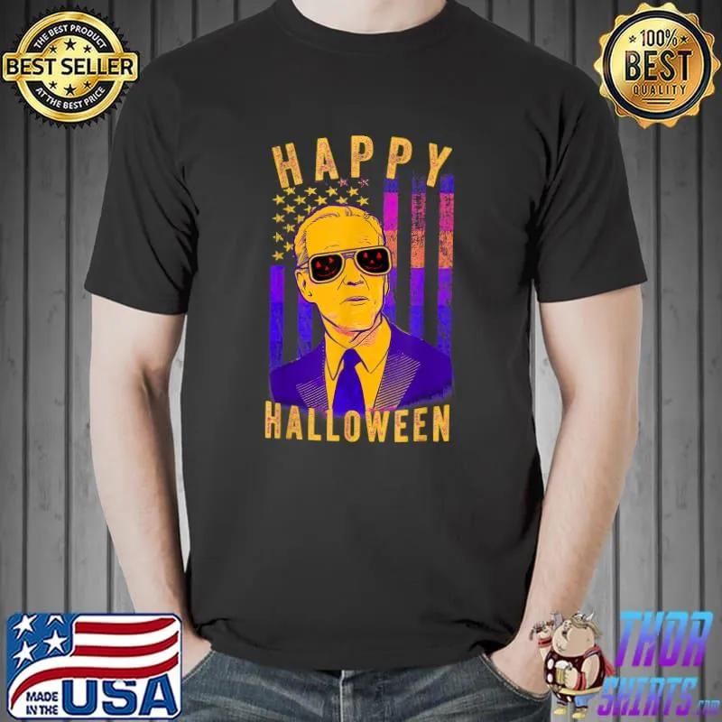 Joe Biden With Sunglass Usa Flag Happy Halloween And Christmas T-Shirt