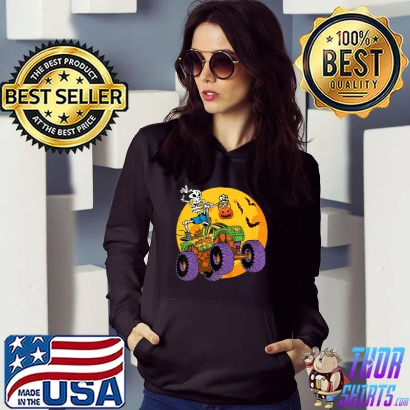 Skeleton Monster Truck Trick Treat Halloween Monster Truck Moon T-Shirt Hoodie