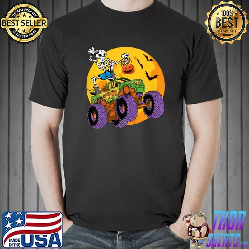 Skeleton Monster Truck Trick Treat Halloween Monster Truck Moon T-Shirt