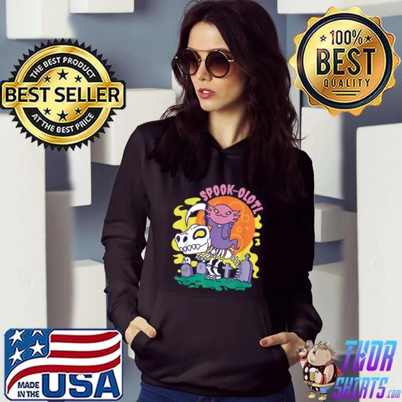 Spook olotl Halloween Axolotl Ridding Skeleton Denosaur Moon T-Shirt Hoodie