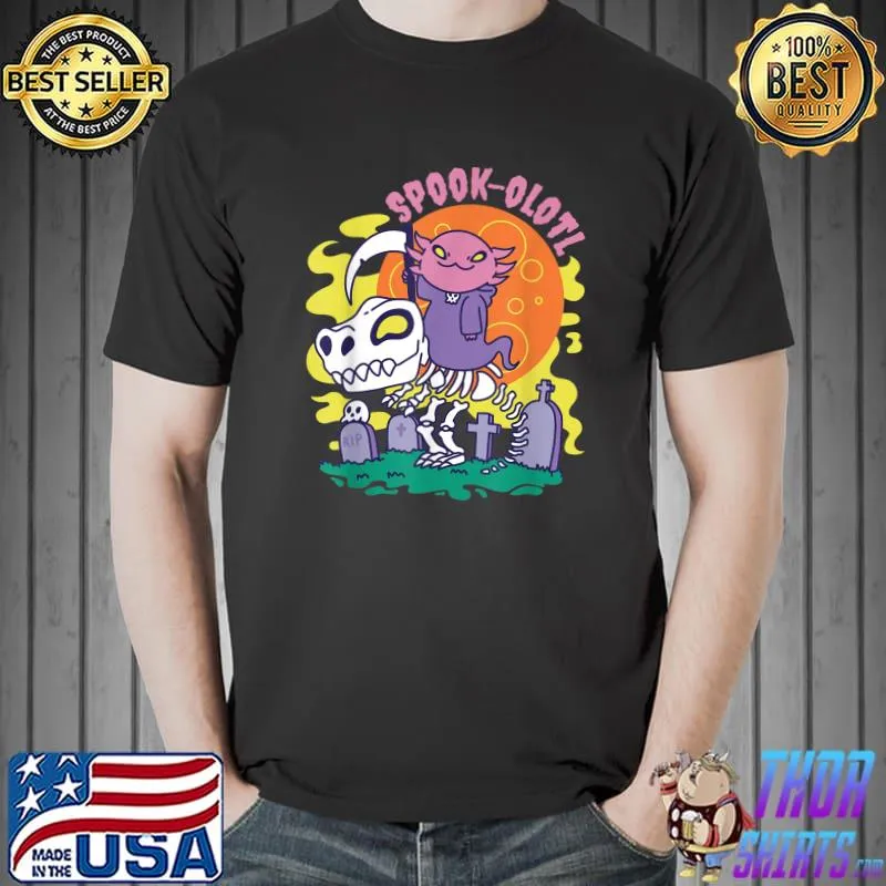 Spook olotl Halloween Axolotl Ridding Skeleton Denosaur Moon T-Shirt