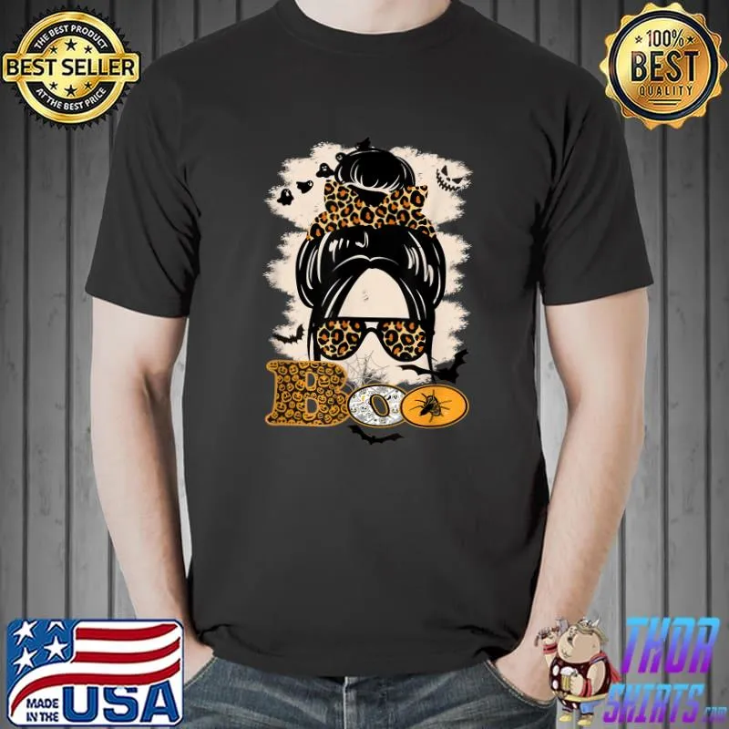 Spooky Messy Bun Boo Pumpkin Halloween Leopard Sunglasses T-Shirt