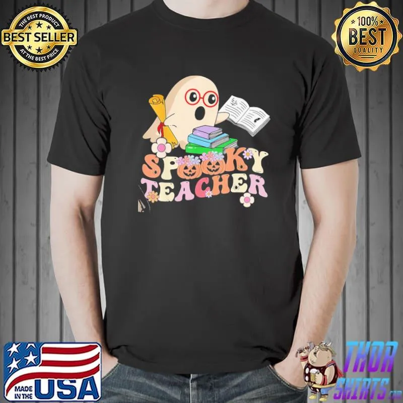 Spooky teacher groovy ghost halloween teacher retro art shirt