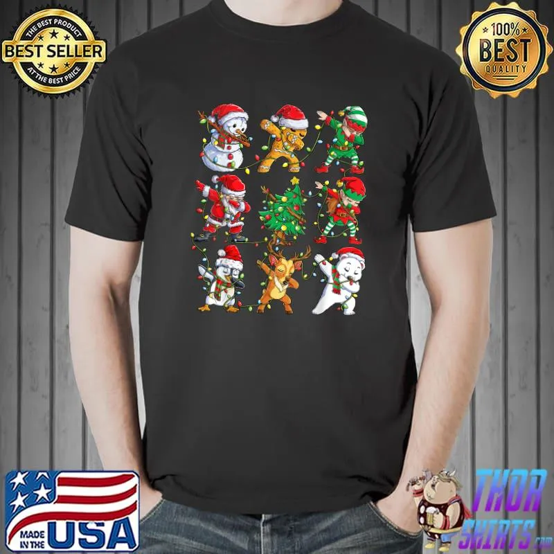 Christmas Dabbing Santa Elf Friends Bear Santa Hat Lights Xmas T-Shirt