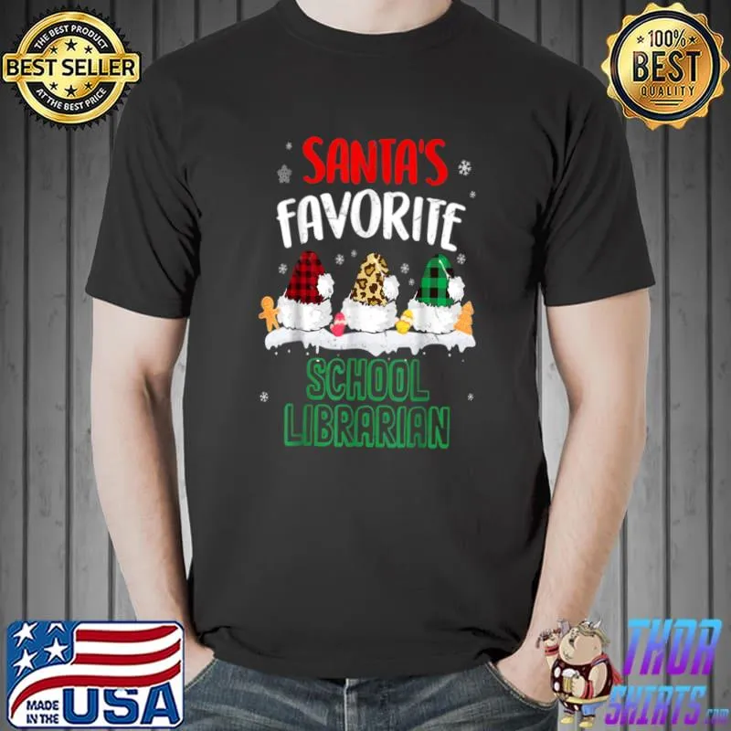 Christmas Santa's Favorite School Librarian Hat Santa Plaid And Leopard T-Shirt